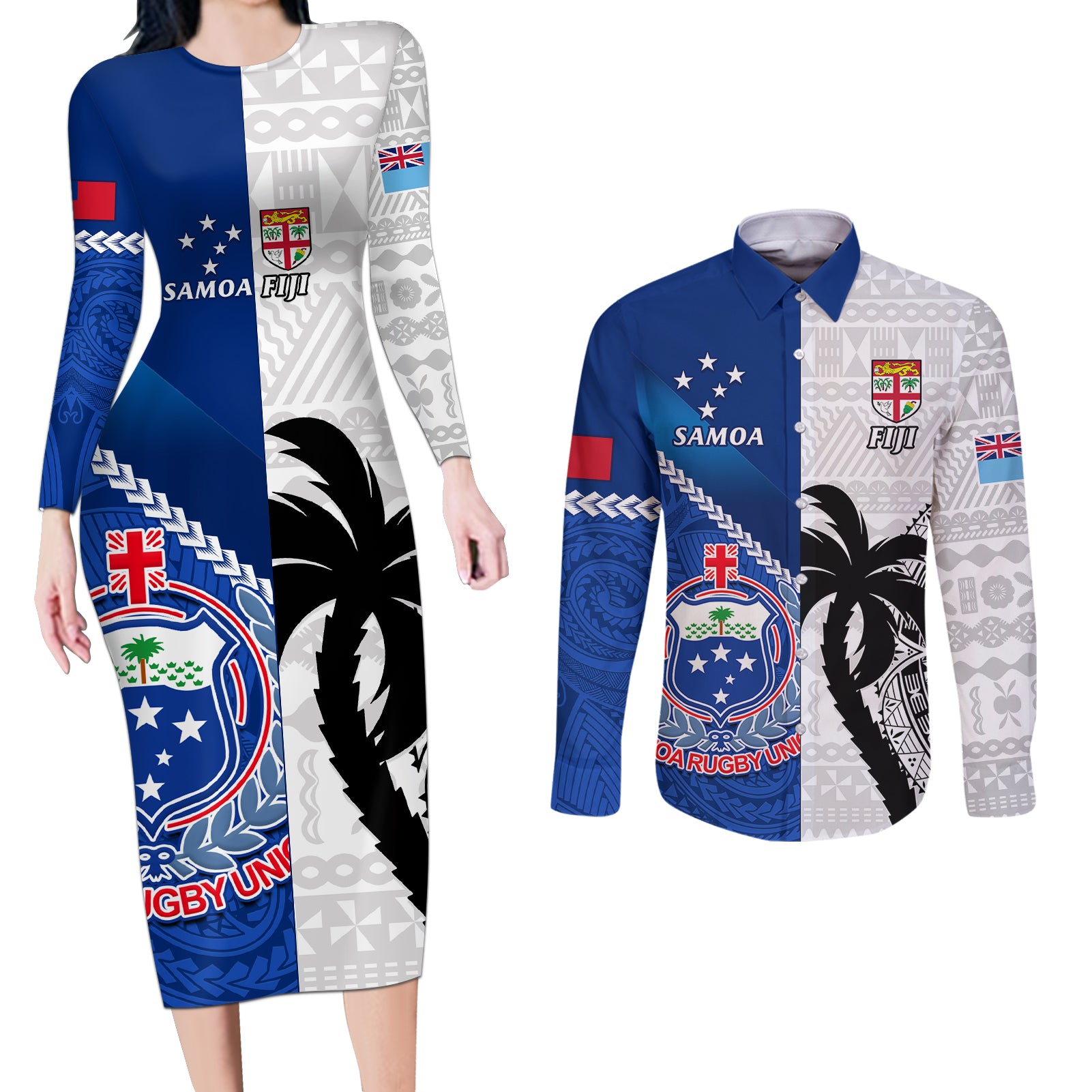 Fiji And Samoa Rugby Couples Matching Long Sleeve Bodycon Dress and Long Sleeve Button Shirts 2023 World Cup Samoan Mix Tapa Pattern - Wonder Print Shop