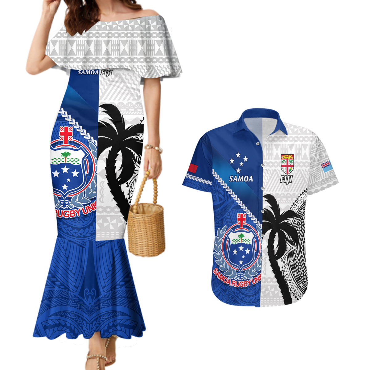 Fiji And Samoa Rugby Couples Matching Mermaid Dress and Hawaiian Shirt 2023 World Cup Samoan Mix Tapa Pattern - Wonder Print Shop