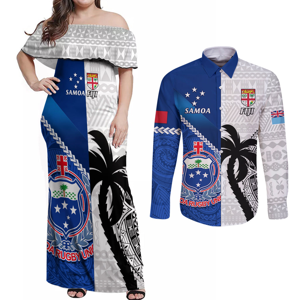 Fiji And Samoa Rugby Couples Matching Off Shoulder Maxi Dress and Long Sleeve Button Shirts 2023 World Cup Samoan Mix Tapa Pattern - Wonder Print Shop