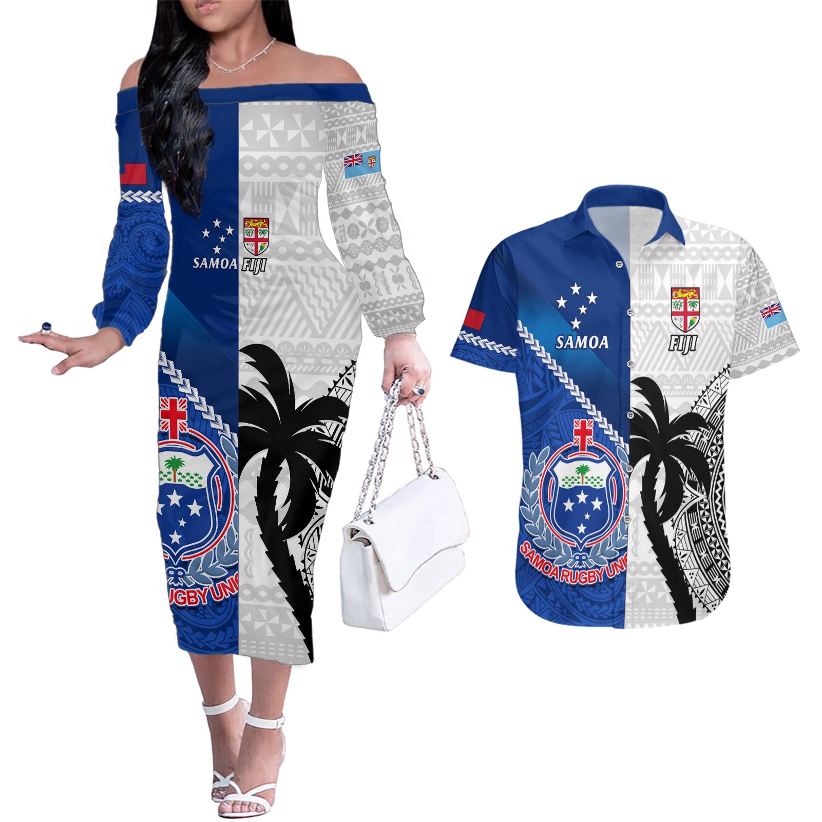 Fiji And Samoa Rugby Couples Matching Off The Shoulder Long Sleeve Dress and Hawaiian Shirt 2023 World Cup Samoan Mix Tapa Pattern - Wonder Print Shop