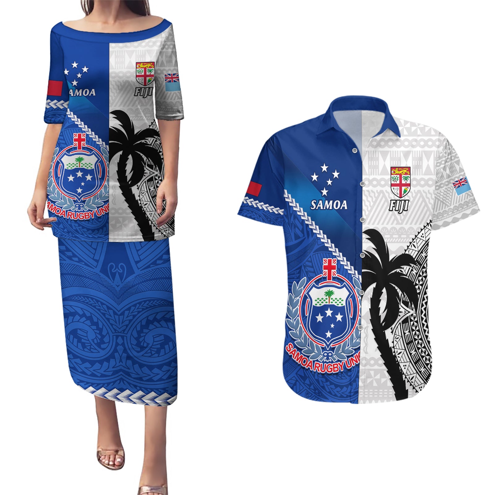 Fiji And Samoa Rugby Couples Matching Puletasi Dress and Hawaiian Shirt 2023 World Cup Samoan Mix Tapa Pattern - Wonder Print Shop