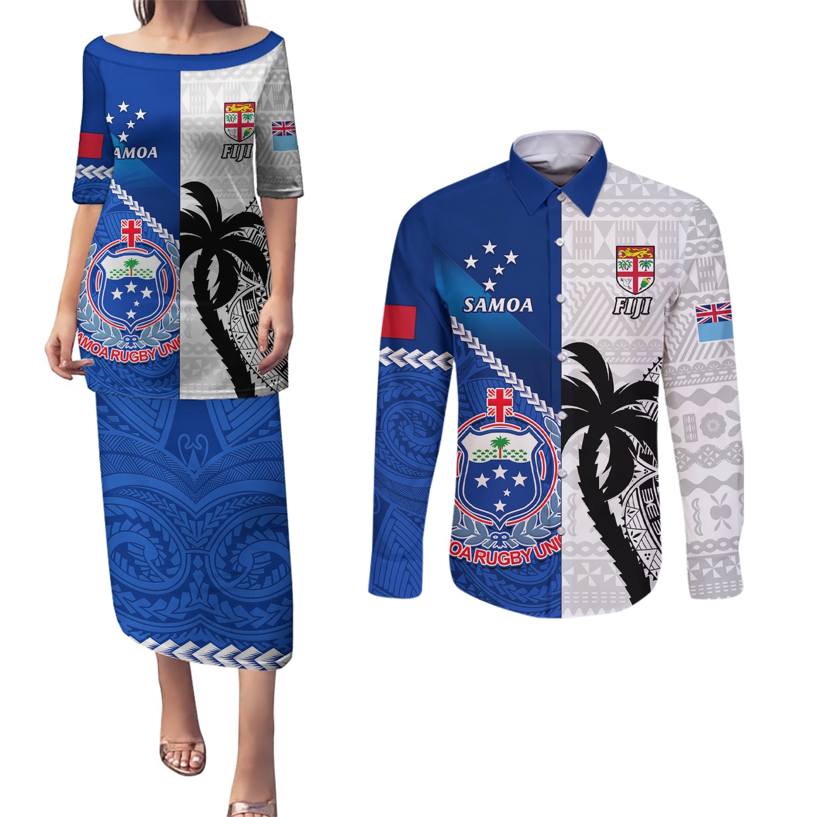 Fiji And Samoa Rugby Couples Matching Puletasi Dress and Long Sleeve Button Shirts 2023 World Cup Samoan Mix Tapa Pattern - Wonder Print Shop