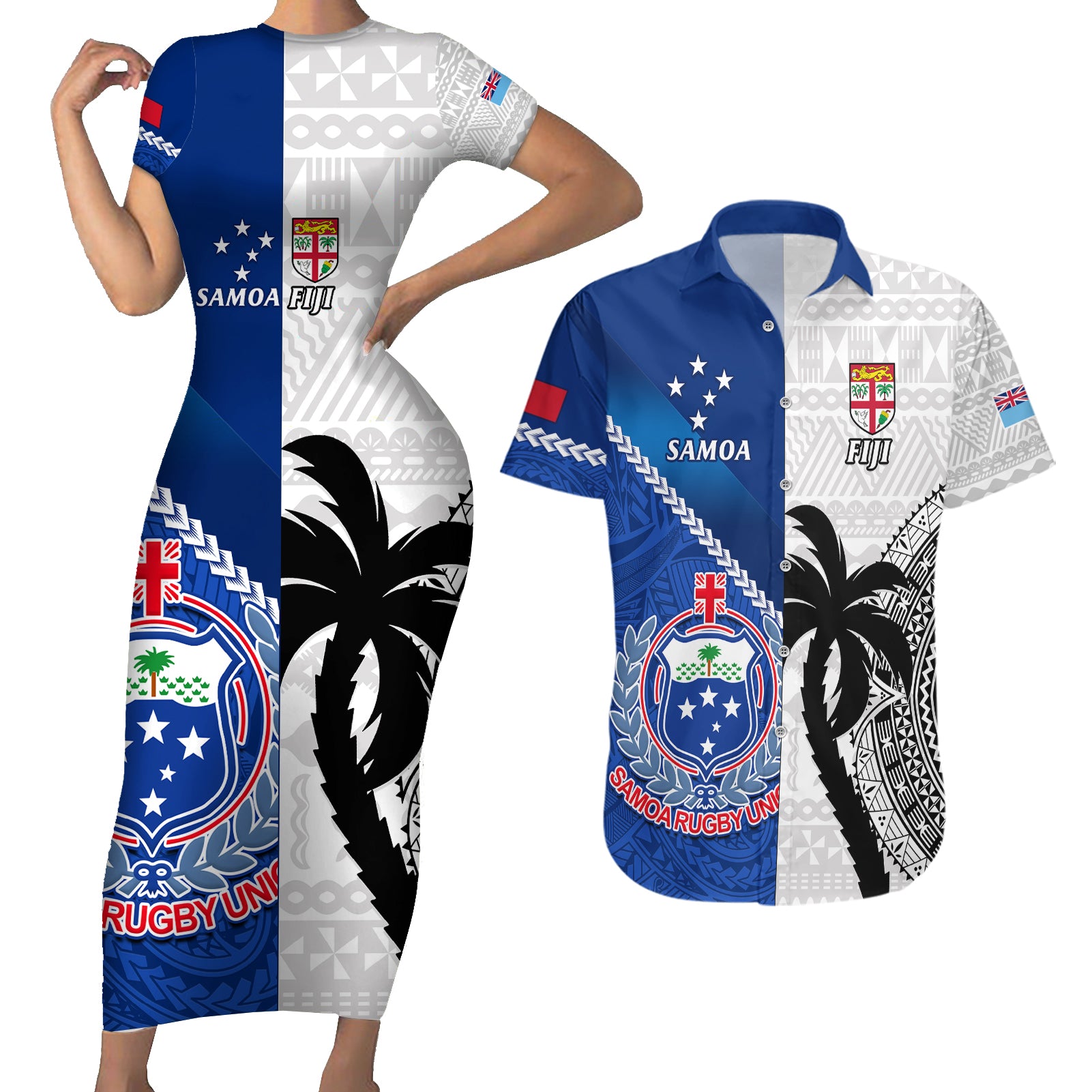 Fiji And Samoa Rugby Couples Matching Short Sleeve Bodycon Dress and Hawaiian Shirt 2023 World Cup Samoan Mix Tapa Pattern - Wonder Print Shop