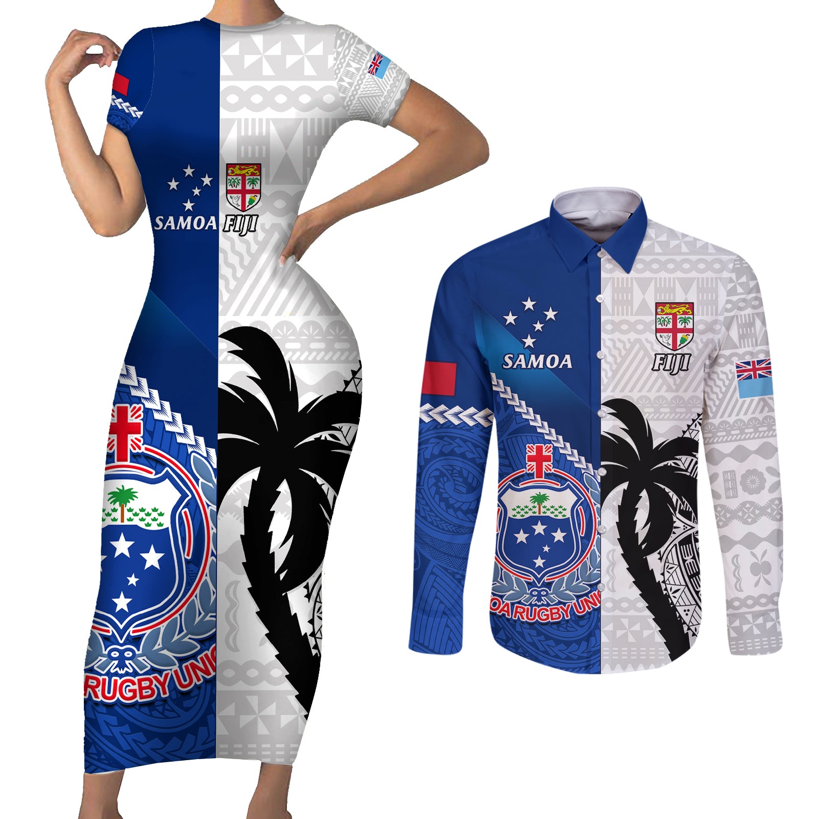 Fiji And Samoa Rugby Couples Matching Short Sleeve Bodycon Dress and Long Sleeve Button Shirts 2023 World Cup Samoan Mix Tapa Pattern - Wonder Print Shop