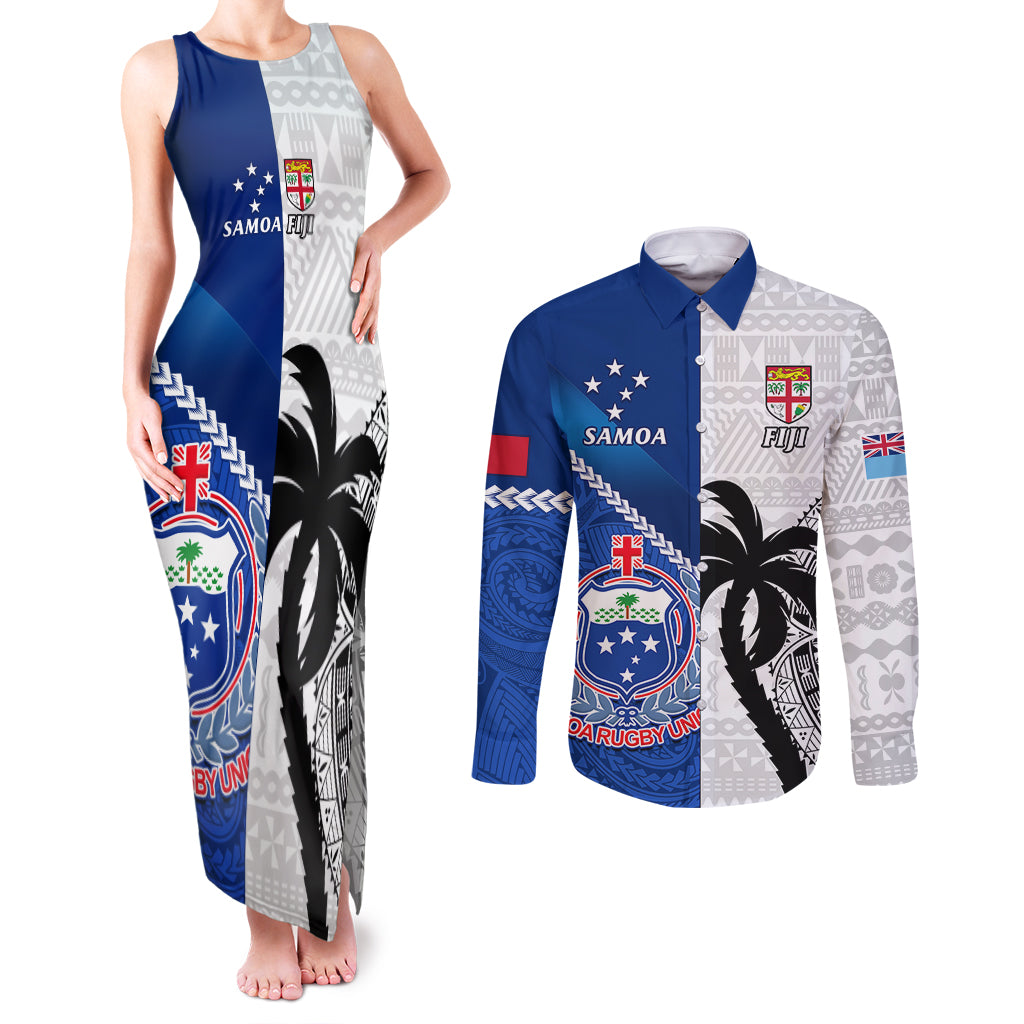 Fiji And Samoa Rugby Couples Matching Tank Maxi Dress and Long Sleeve Button Shirts 2023 World Cup Samoan Mix Tapa Pattern - Wonder Print Shop