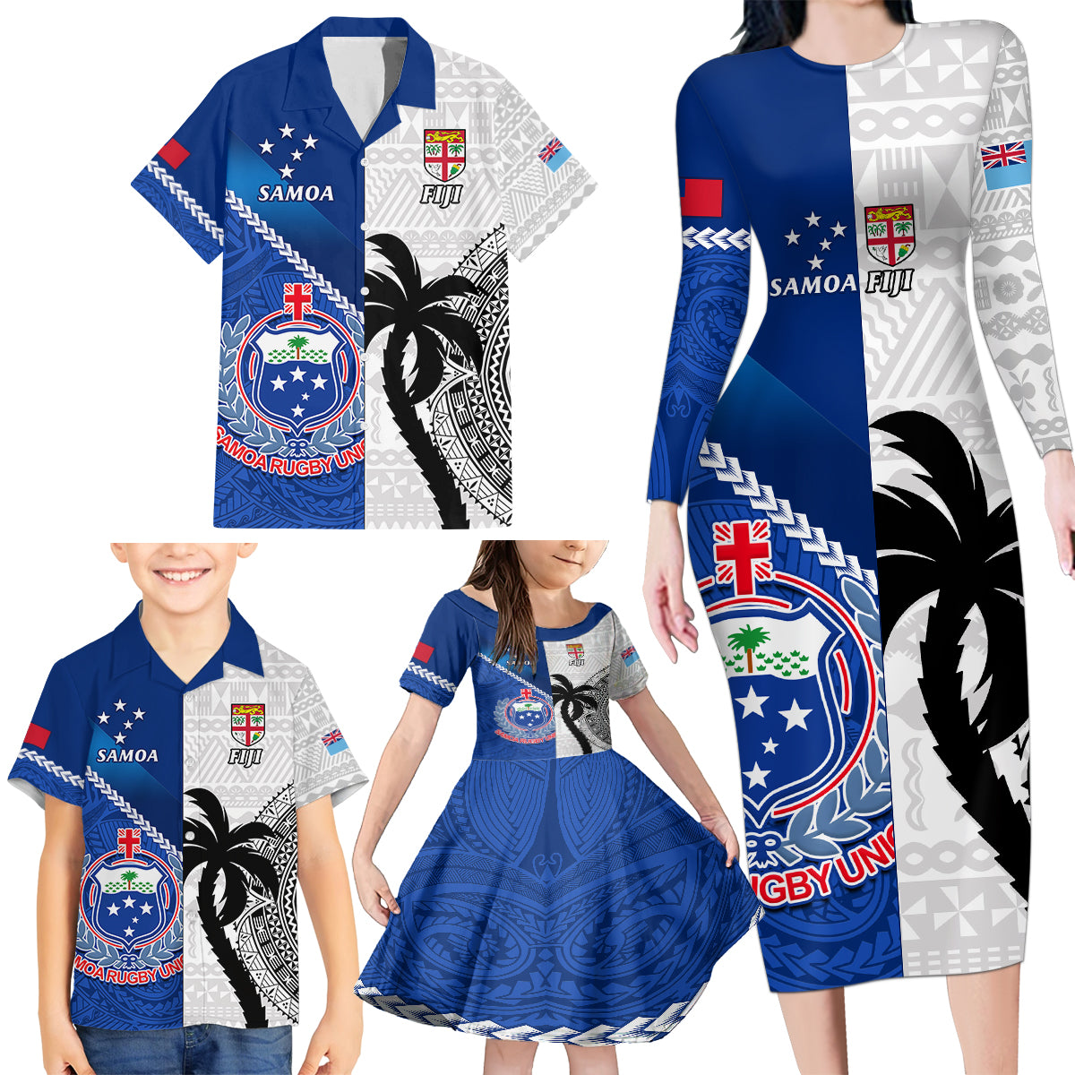 Fiji And Samoa Rugby Family Matching Long Sleeve Bodycon Dress and Hawaiian Shirt 2023 World Cup Samoan Mix Tapa Pattern - Wonder Print Shop