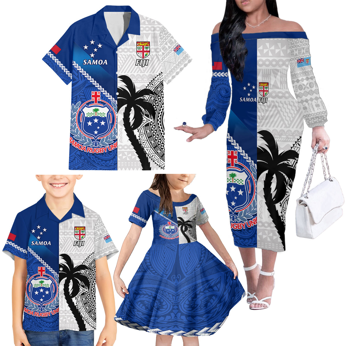 Fiji And Samoa Rugby Family Matching Off Shoulder Long Sleeve Dress and Hawaiian Shirt 2023 World Cup Samoan Mix Tapa Pattern - Wonder Print Shop