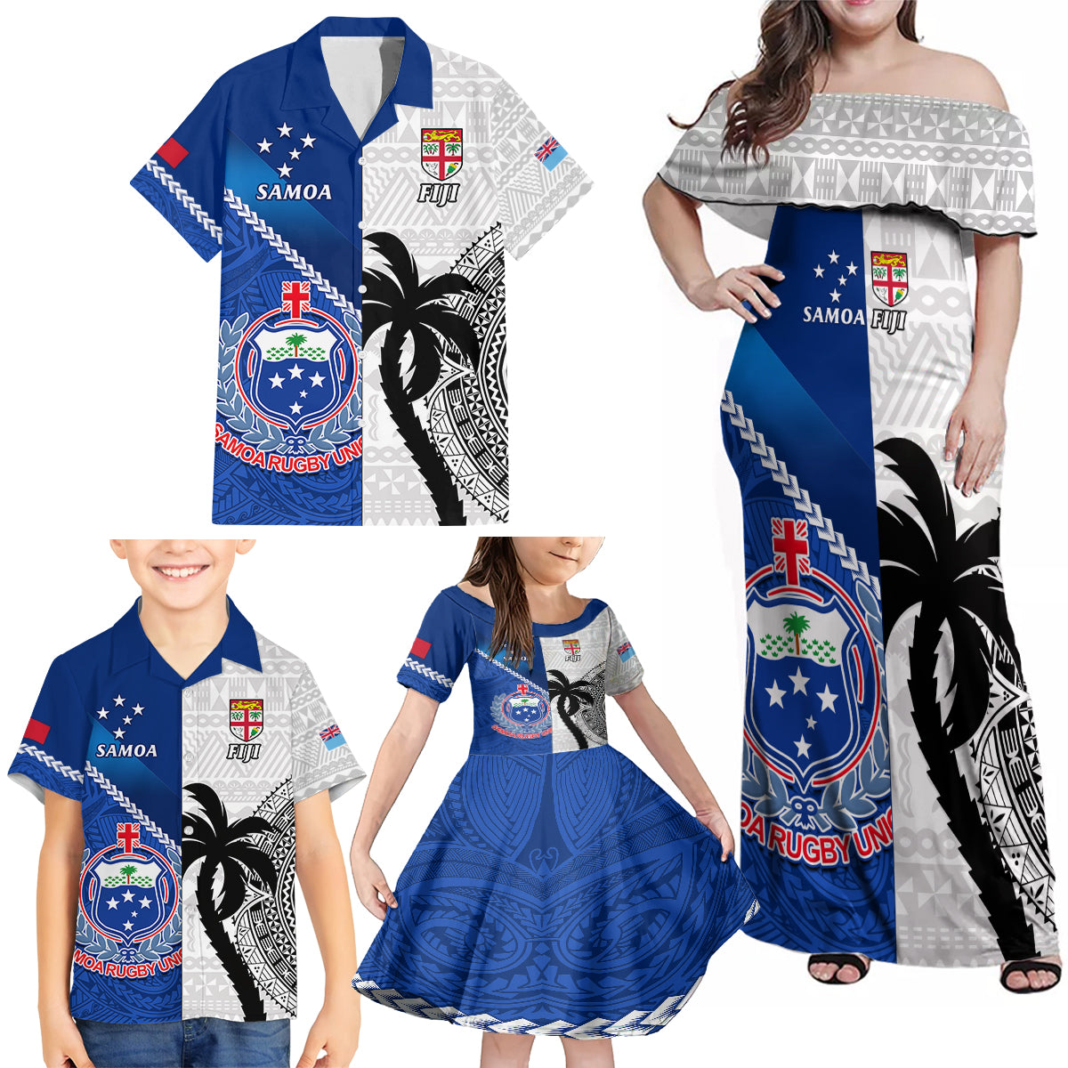 Fiji And Samoa Rugby Family Matching Off Shoulder Maxi Dress and Hawaiian Shirt 2023 World Cup Samoan Mix Tapa Pattern - Wonder Print Shop