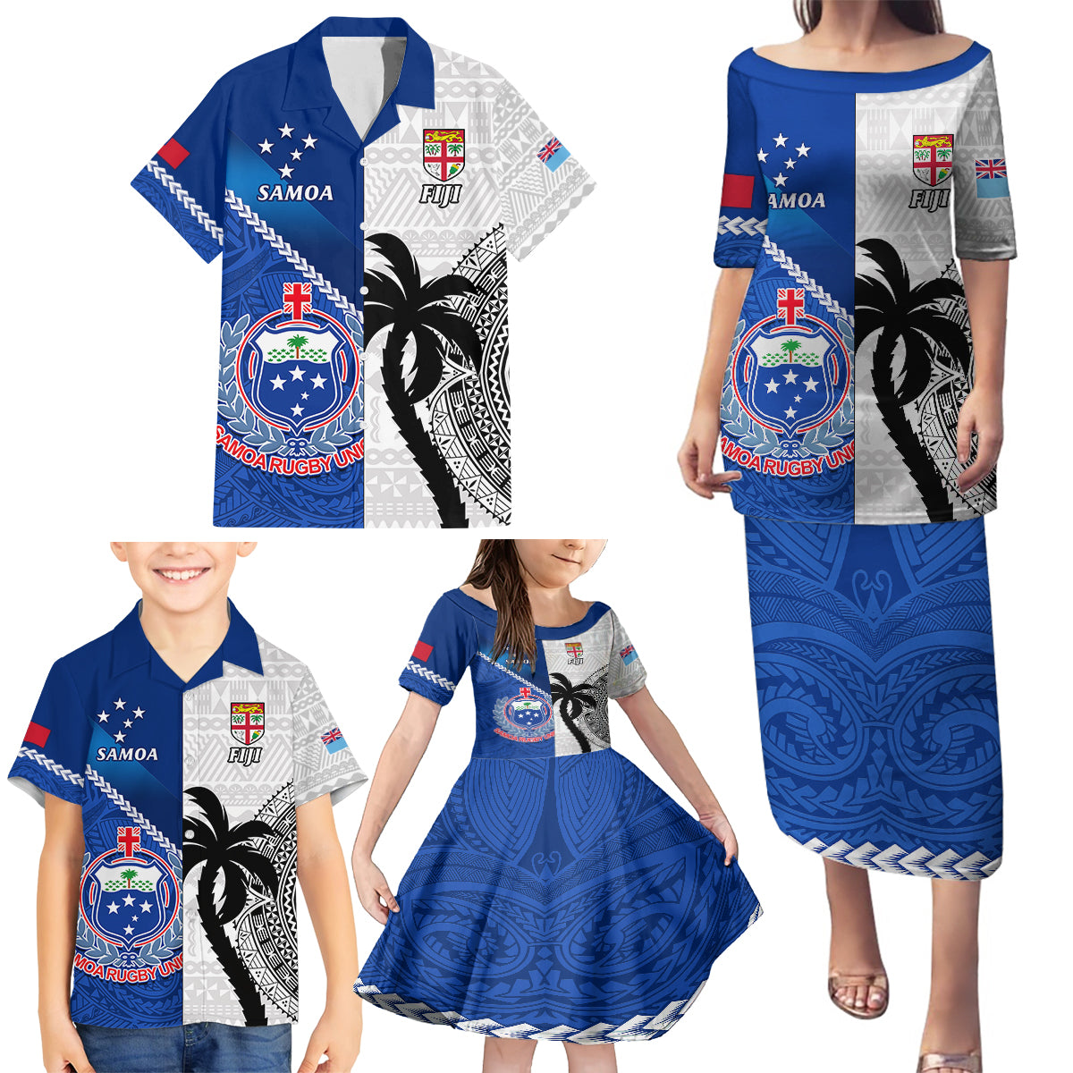 Fiji And Samoa Rugby Family Matching Puletasi Dress and Hawaiian Shirt 2023 World Cup Samoan Mix Tapa Pattern - Wonder Print Shop