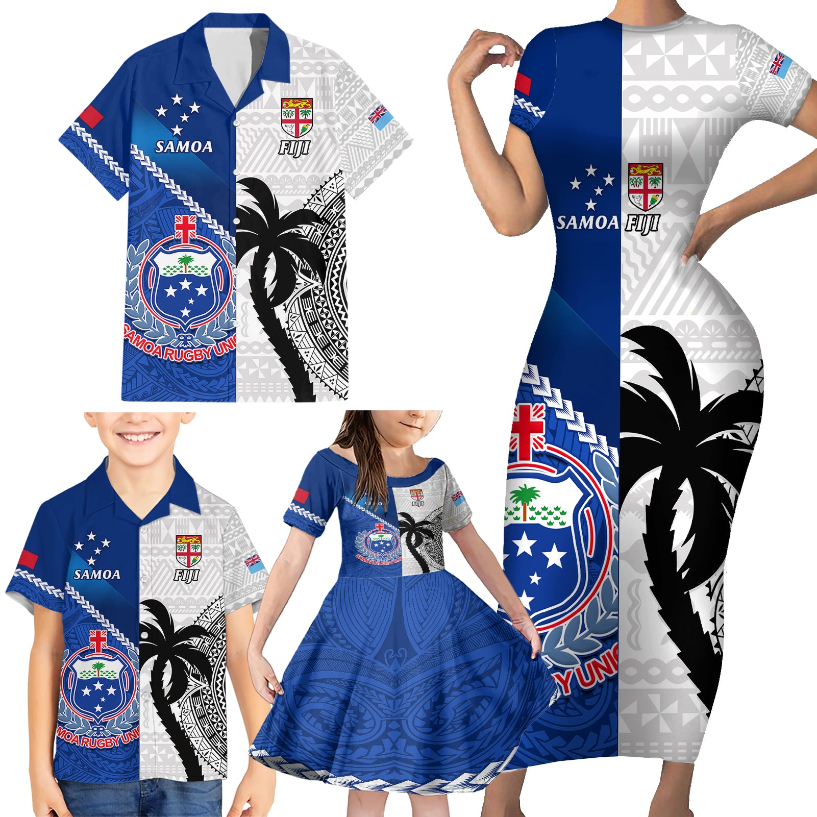 Fiji And Samoa Rugby Family Matching Short Sleeve Bodycon Dress and Hawaiian Shirt 2023 World Cup Samoan Mix Tapa Pattern - Wonder Print Shop