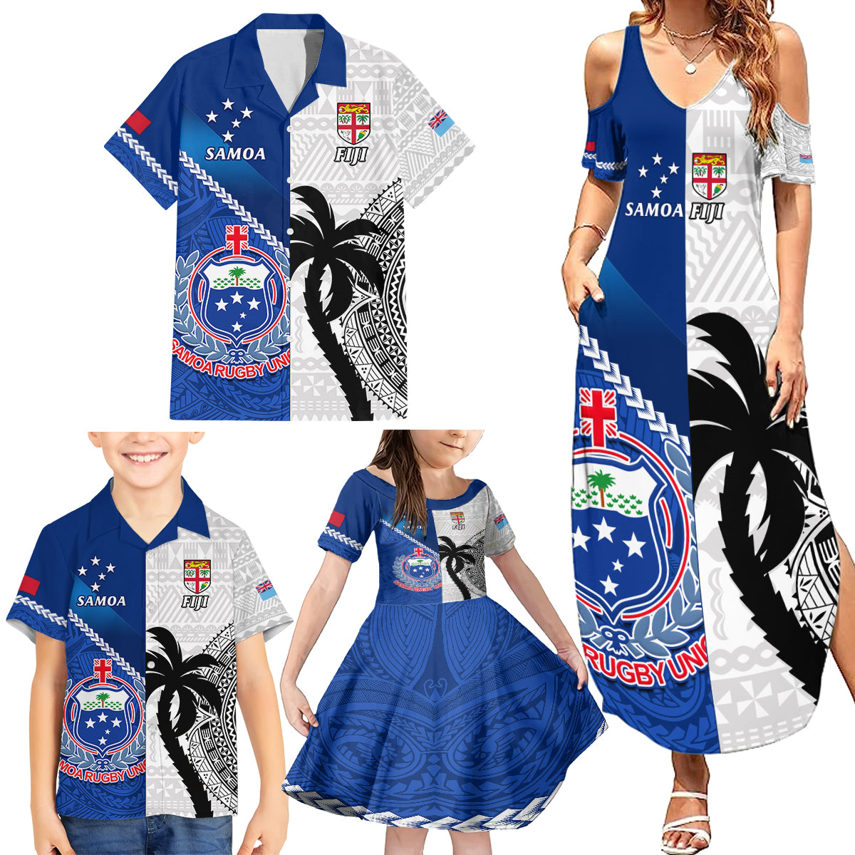 Fiji And Samoa Rugby Family Matching Summer Maxi Dress and Hawaiian Shirt 2023 World Cup Samoan Mix Tapa Pattern - Wonder Print Shop