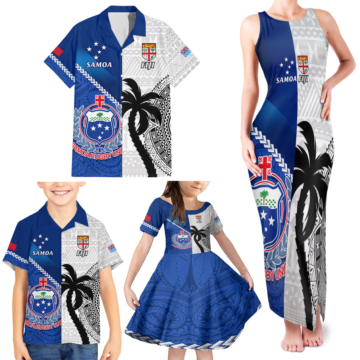 Fiji And Samoa Rugby Family Matching Tank Maxi Dress and Hawaiian Shirt 2023 World Cup Samoan Mix Tapa Pattern - Wonder Print Shop