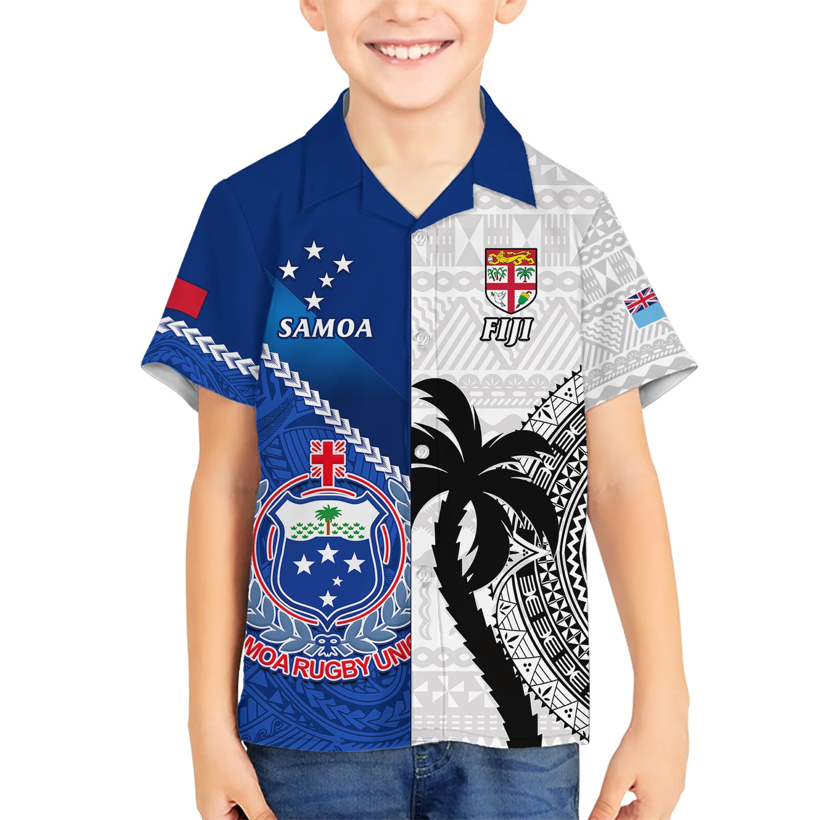 Fiji And Samoa Rugby Kid Hawaiian Shirt 2023 World Cup Samoan Mix Tapa Pattern - Wonder Print Shop