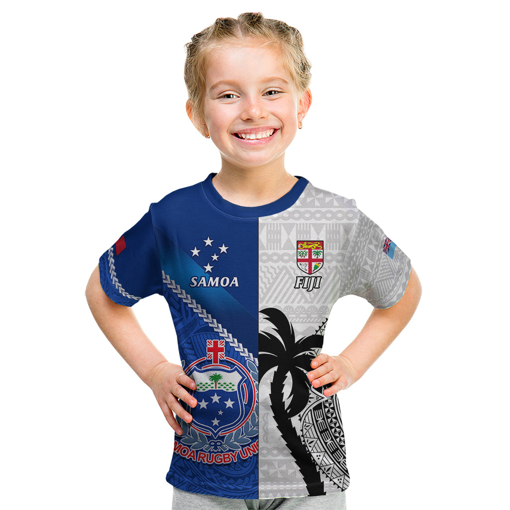 Fiji And Samoa Rugby Kid T Shirt 2023 World Cup Samoan Mix Tapa Pattern - Wonder Print Shop