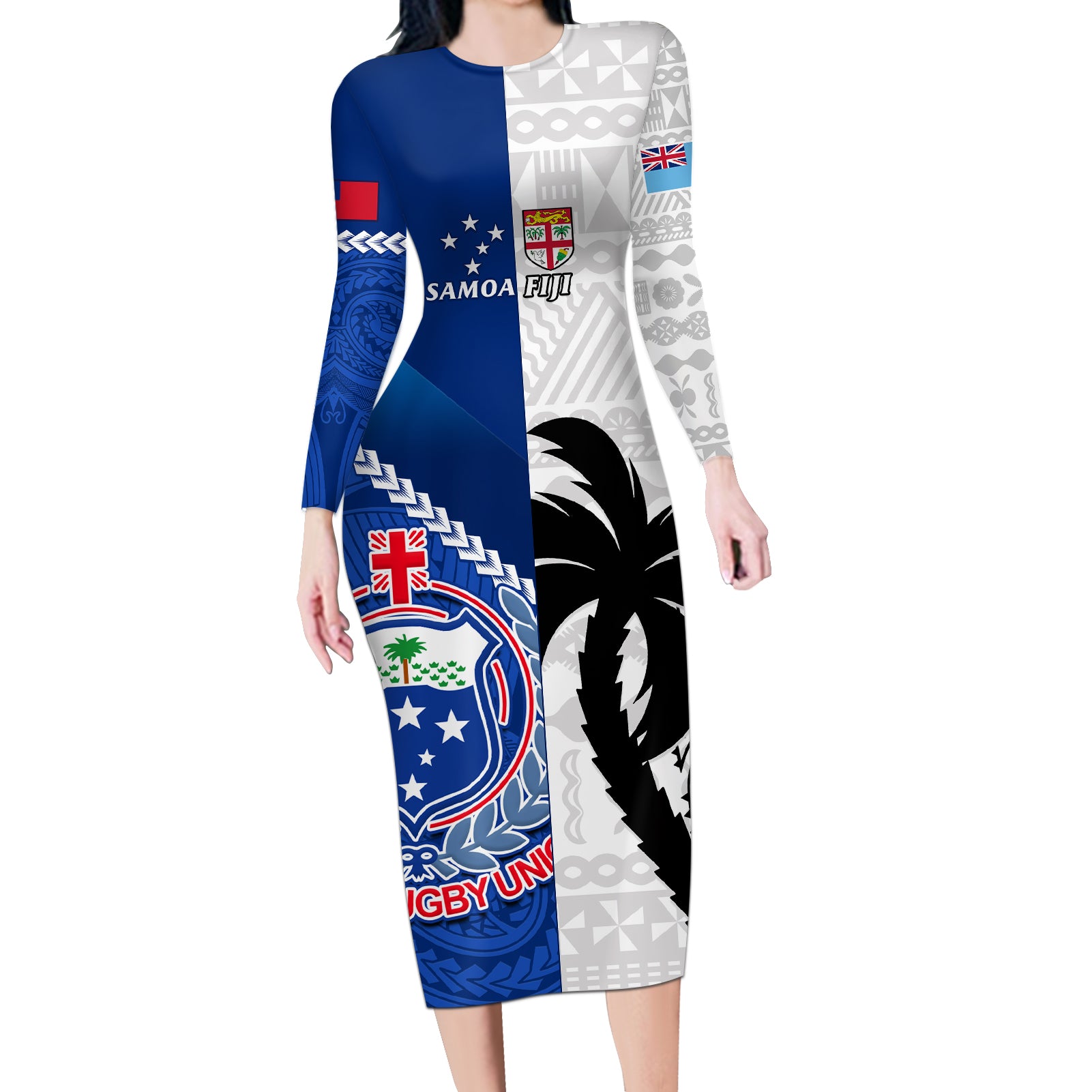 Fiji And Samoa Rugby Long Sleeve Bodycon Dress 2023 World Cup Samoan Mix Tapa Pattern - Wonder Print Shop