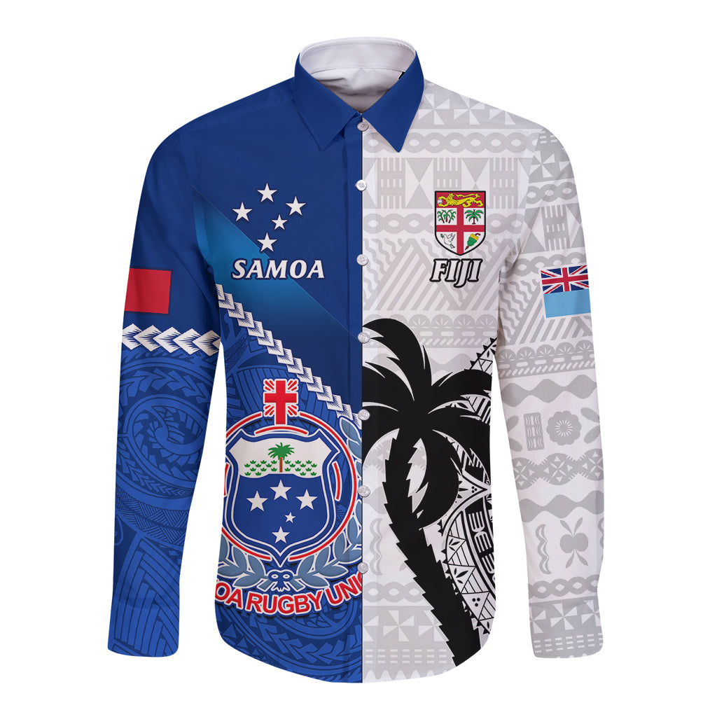 Fiji And Samoa Rugby Long Sleeve Button Shirt 2023 World Cup Samoan Mix Tapa Pattern - Wonder Print Shop