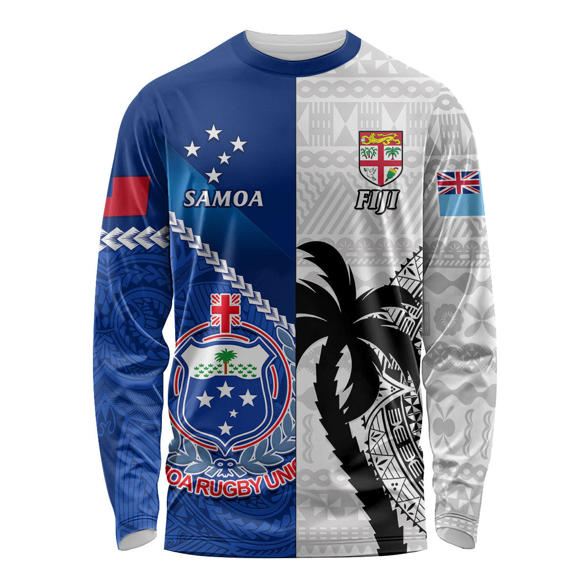 Fiji And Samoa Rugby Long Sleeve Shirt 2023 World Cup Samoan Mix Tapa Pattern - Wonder Print Shop