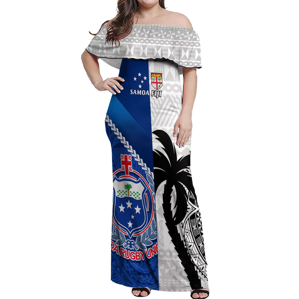 Fiji And Samoa Rugby Off Shoulder Maxi Dress 2023 World Cup Samoan Mix Tapa Pattern - Wonder Print Shop