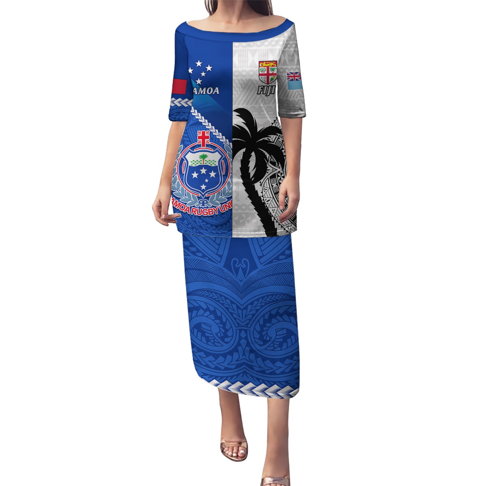 Fiji And Samoa Rugby Puletasi 2023 World Cup Samoan Mix Tapa Pattern - Wonder Print Shop