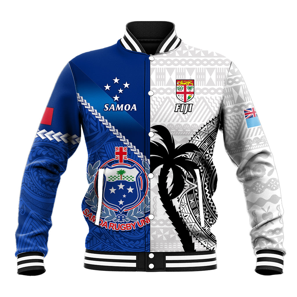 Blue and white varsity rugby baseball jacket with button front, patches, and tapa sleeves