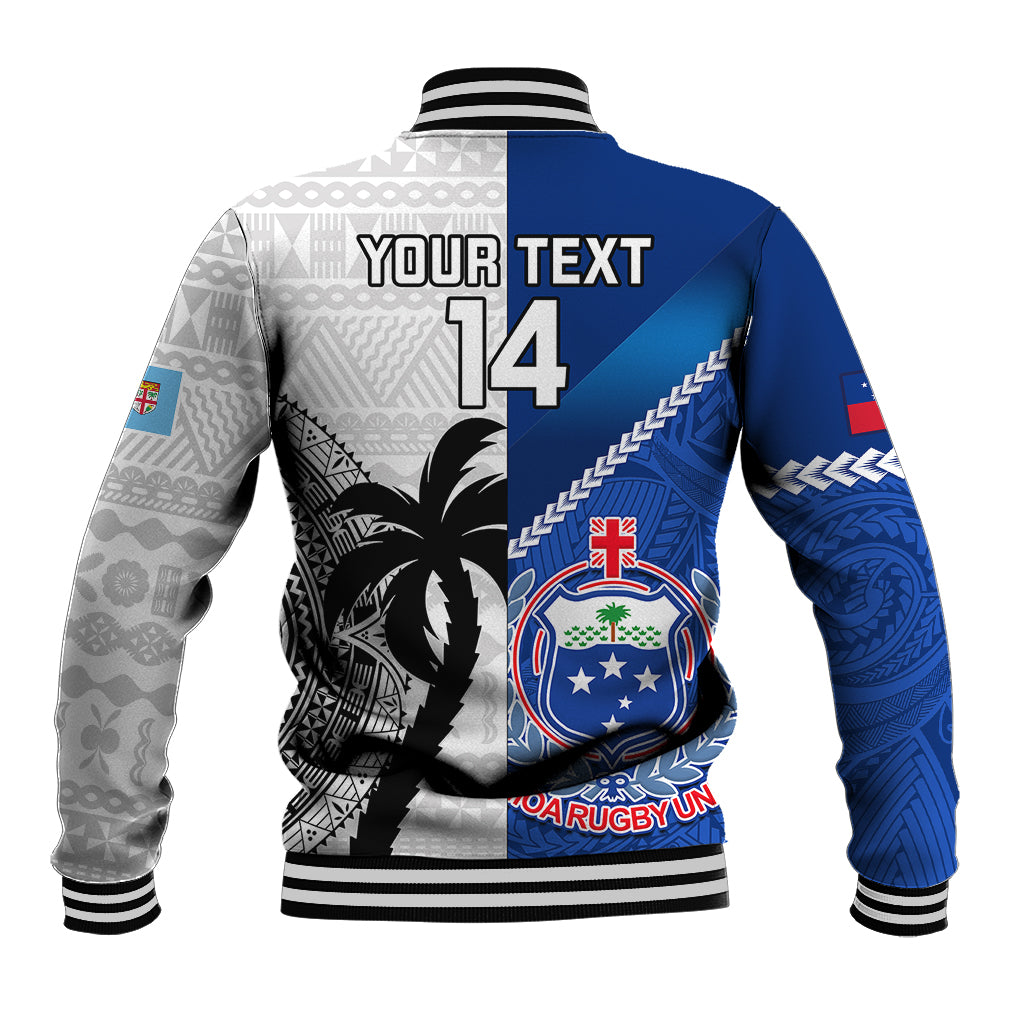 Blue, gray and black rugby baseball jacket with number 14 and tapa graphic on back