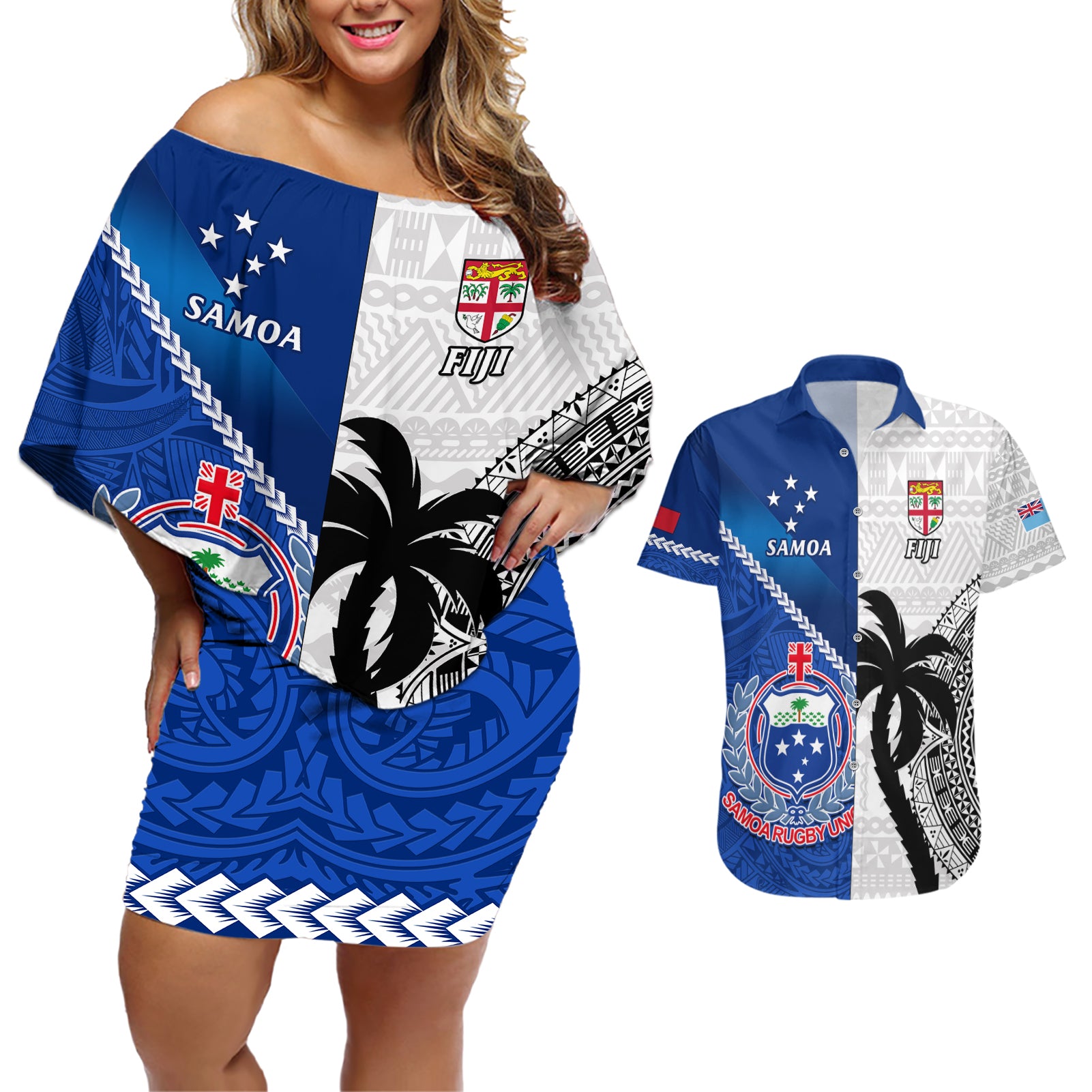 Custom Fiji And Samoa Rugby Couples Matching Off Shoulder Short Dress and Hawaiian Shirt 2023 World Cup Samoan Mix Tapa Pattern - Wonder Print Shop