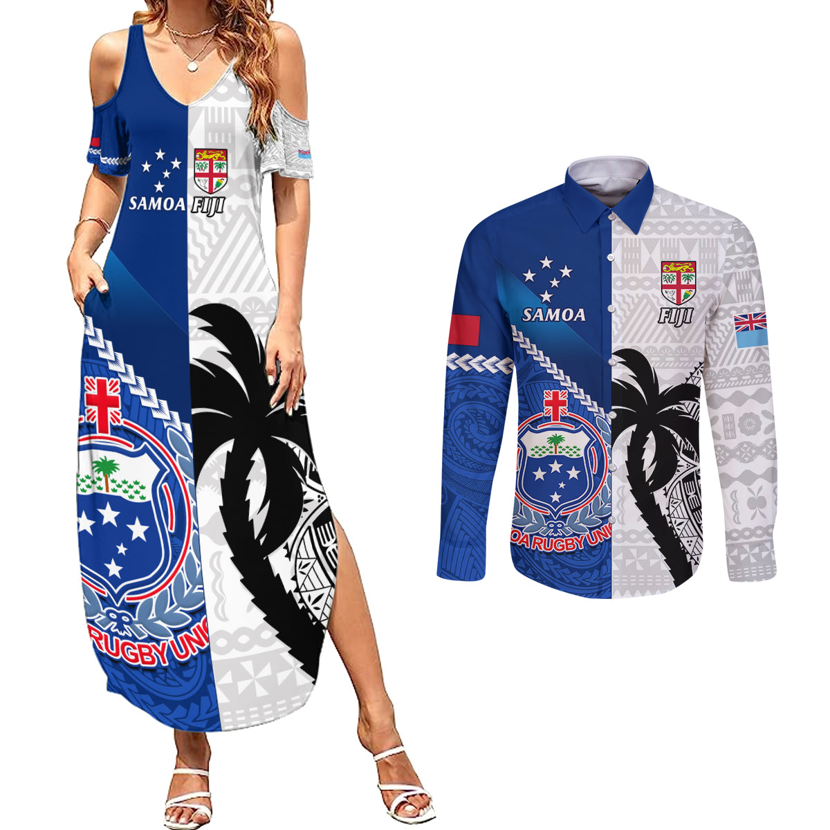 Custom Fiji And Samoa Rugby Couples Matching Summer Maxi Dress and Long Sleeve Button Shirts 2023 World Cup Samoan Mix Tapa Pattern - Wonder Print Shop