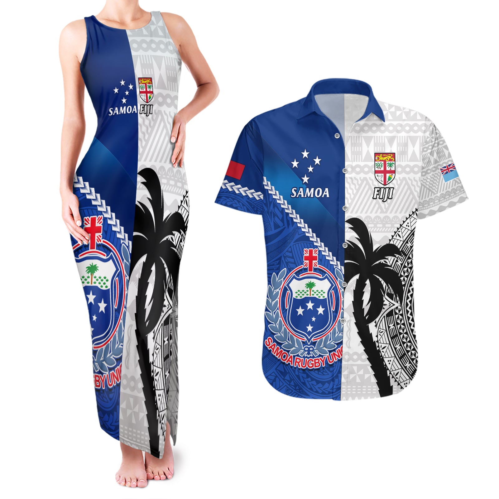 Custom Fiji And Samoa Rugby Couples Matching Tank Maxi Dress and Hawaiian Shirt 2023 World Cup Samoan Mix Tapa Pattern - Wonder Print Shop