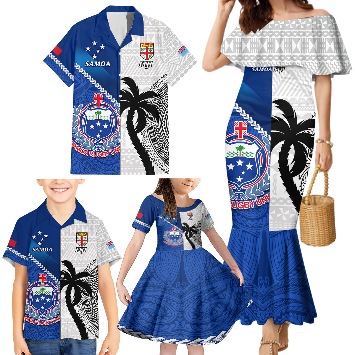 Custom Fiji And Samoa Rugby Family Matching Mermaid Dress and Hawaiian Shirt 2023 World Cup Samoan Mix Tapa Pattern - Wonder Print Shop