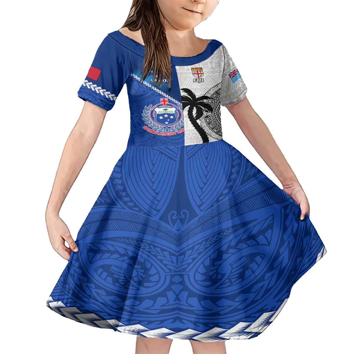 Custom Fiji And Samoa Rugby Kid Short Sleeve Dress 2023 World Cup Samoan Mix Tapa Pattern - Wonder Print Shop