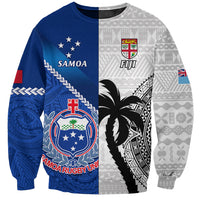 Rugby sweatshirt with blue and gray split panels, emblems and tapa geometric graphics