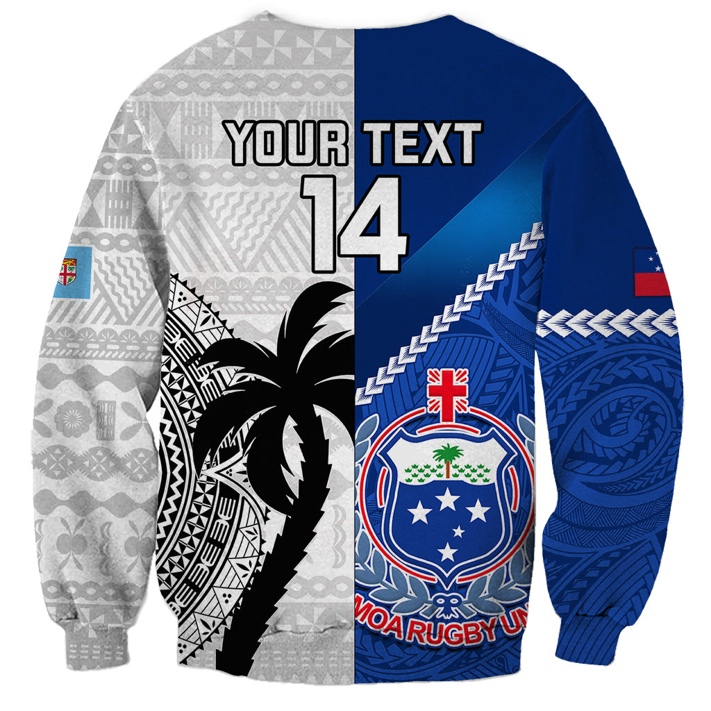 Rugby sweatshirt back view with "YOUR TEXT 14", palm graphic and blue/gray panels