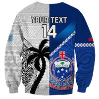 Rugby sweatshirt back view with "YOUR TEXT 14", palm graphic and blue/gray panels