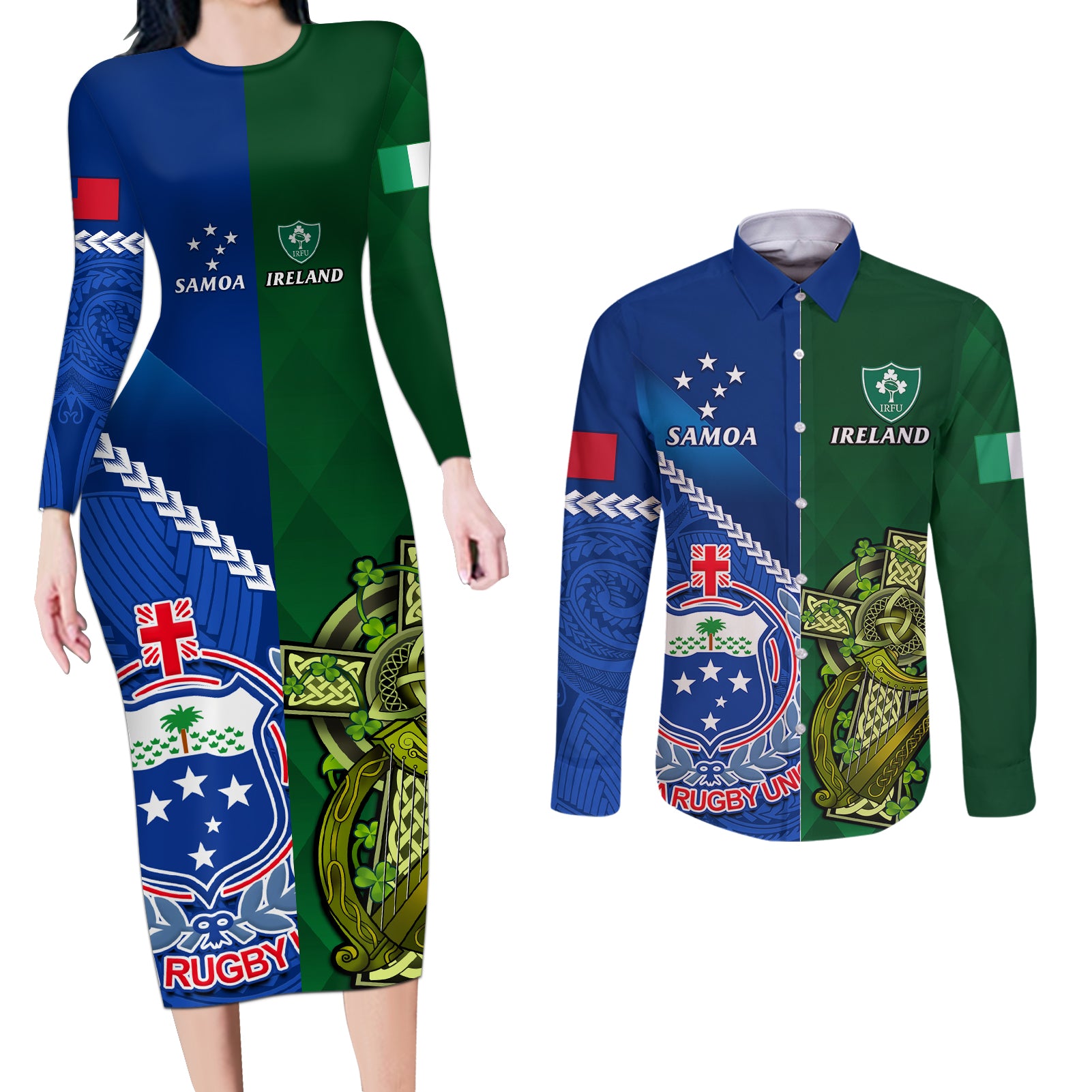 Samoa And Ireland Rugby Couples Matching Long Sleeve Bodycon Dress and Long Sleeve Button Shirts 2023 World Cup Manu Samoa With Shamrocks - Wonder Print Shop