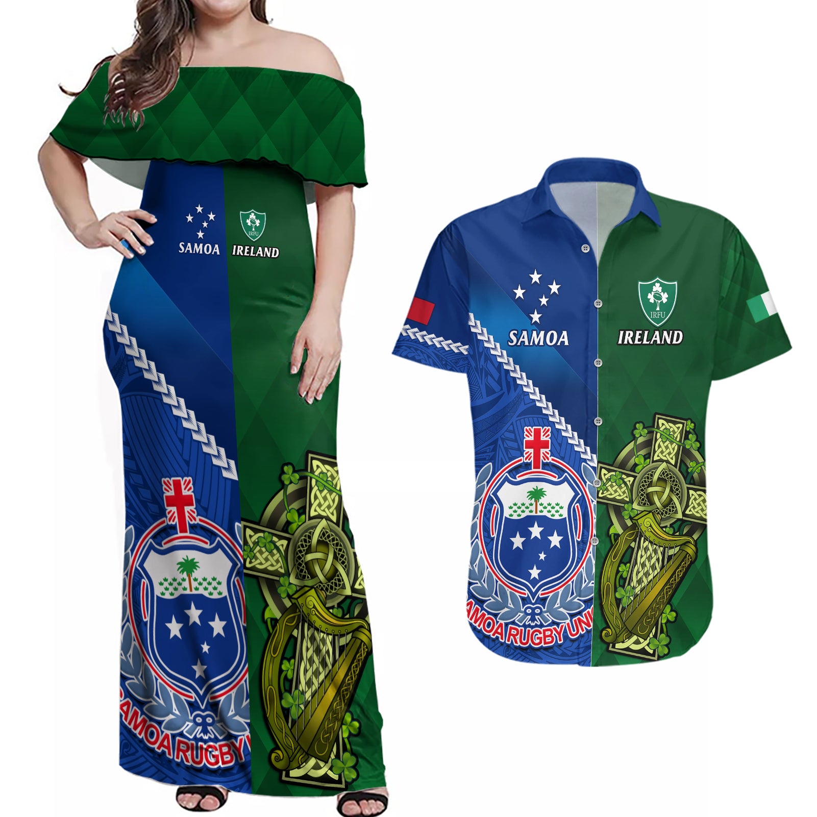 Samoa And Ireland Rugby Couples Matching Off Shoulder Maxi Dress and Hawaiian Shirt 2023 World Cup Manu Samoa With Shamrocks - Wonder Print Shop