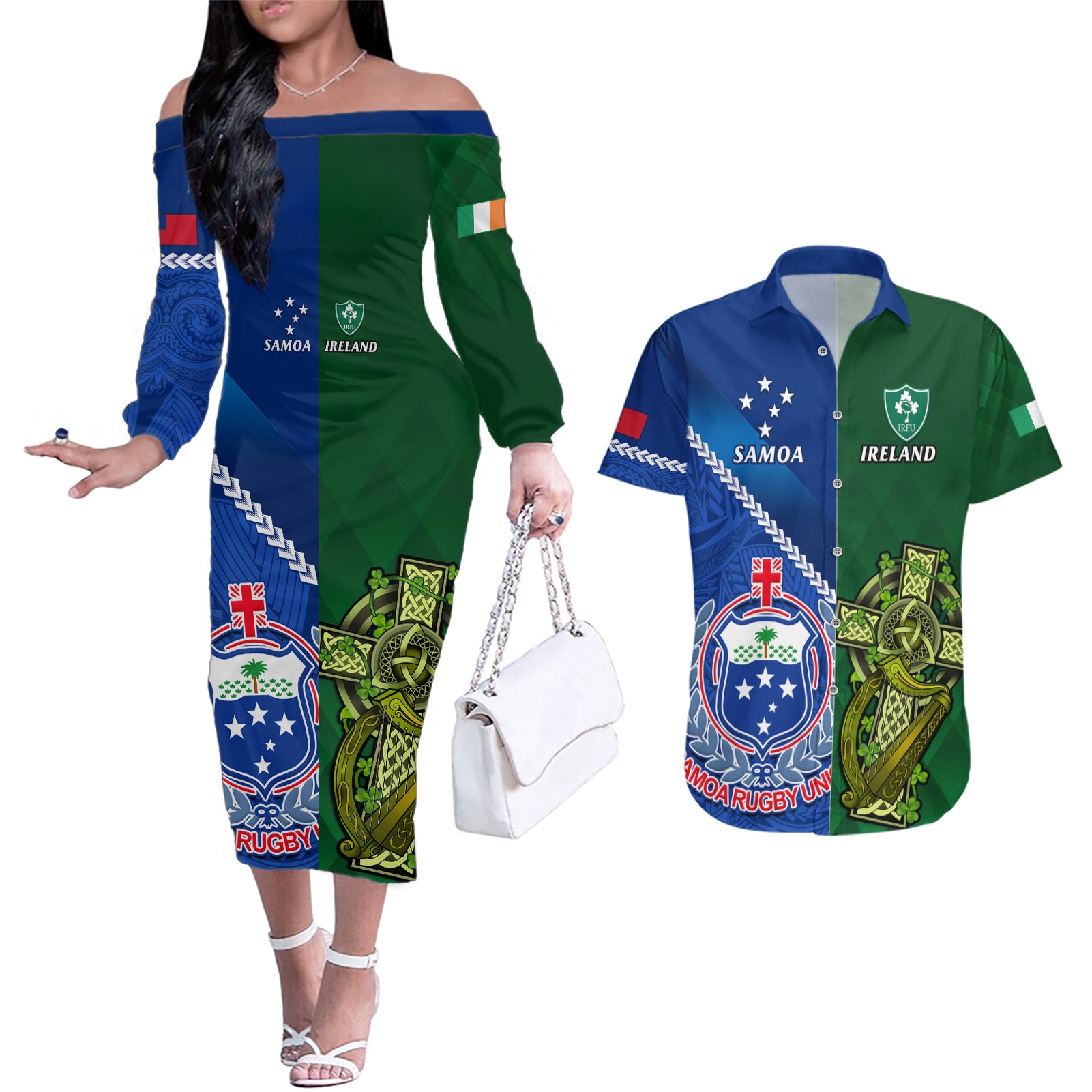 Samoa And Ireland Rugby Couples Matching Off The Shoulder Long Sleeve Dress and Hawaiian Shirt 2023 World Cup Manu Samoa With Shamrocks - Wonder Print Shop