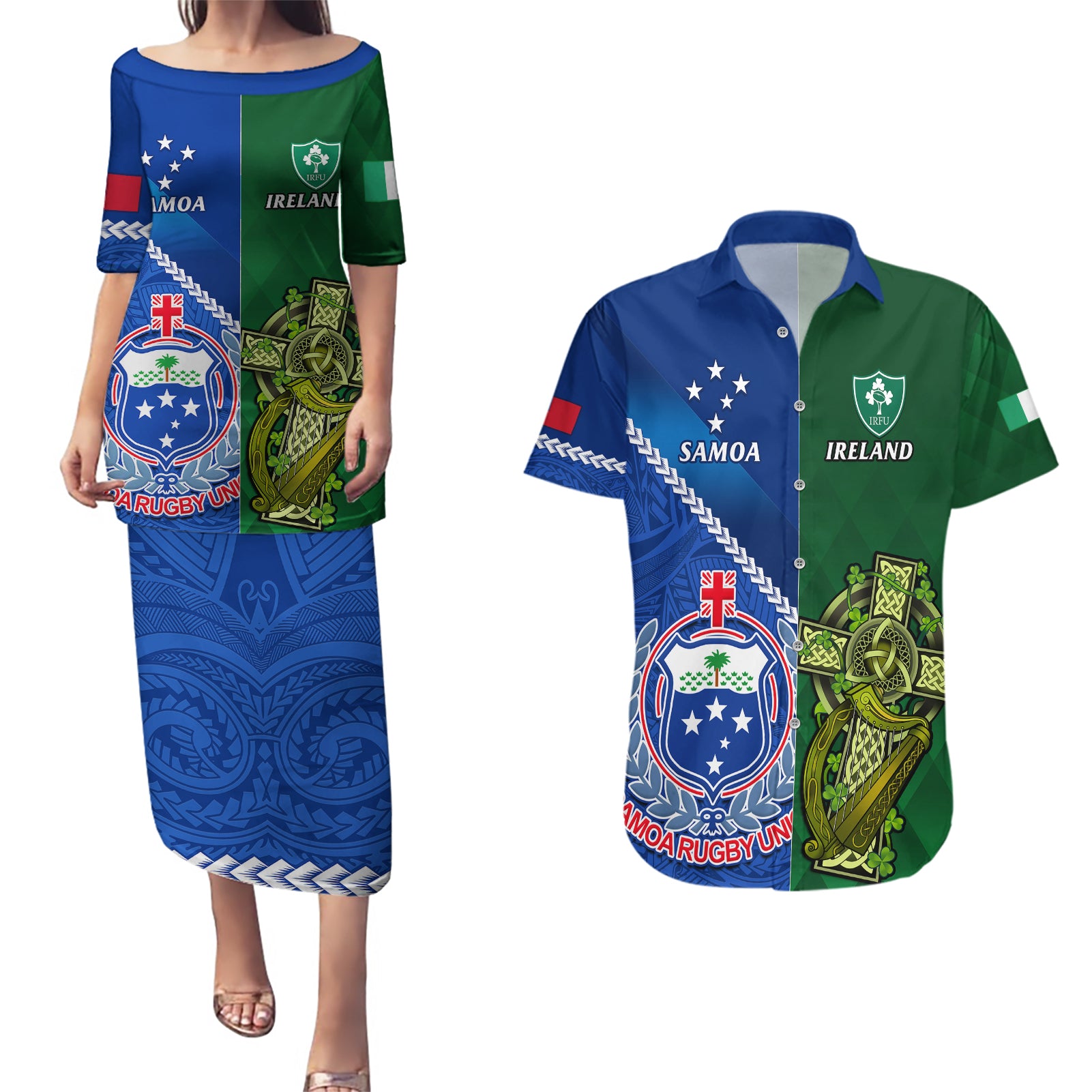 Samoa And Ireland Rugby Couples Matching Puletasi Dress and Hawaiian Shirt 2023 World Cup Manu Samoa With Shamrocks - Wonder Print Shop