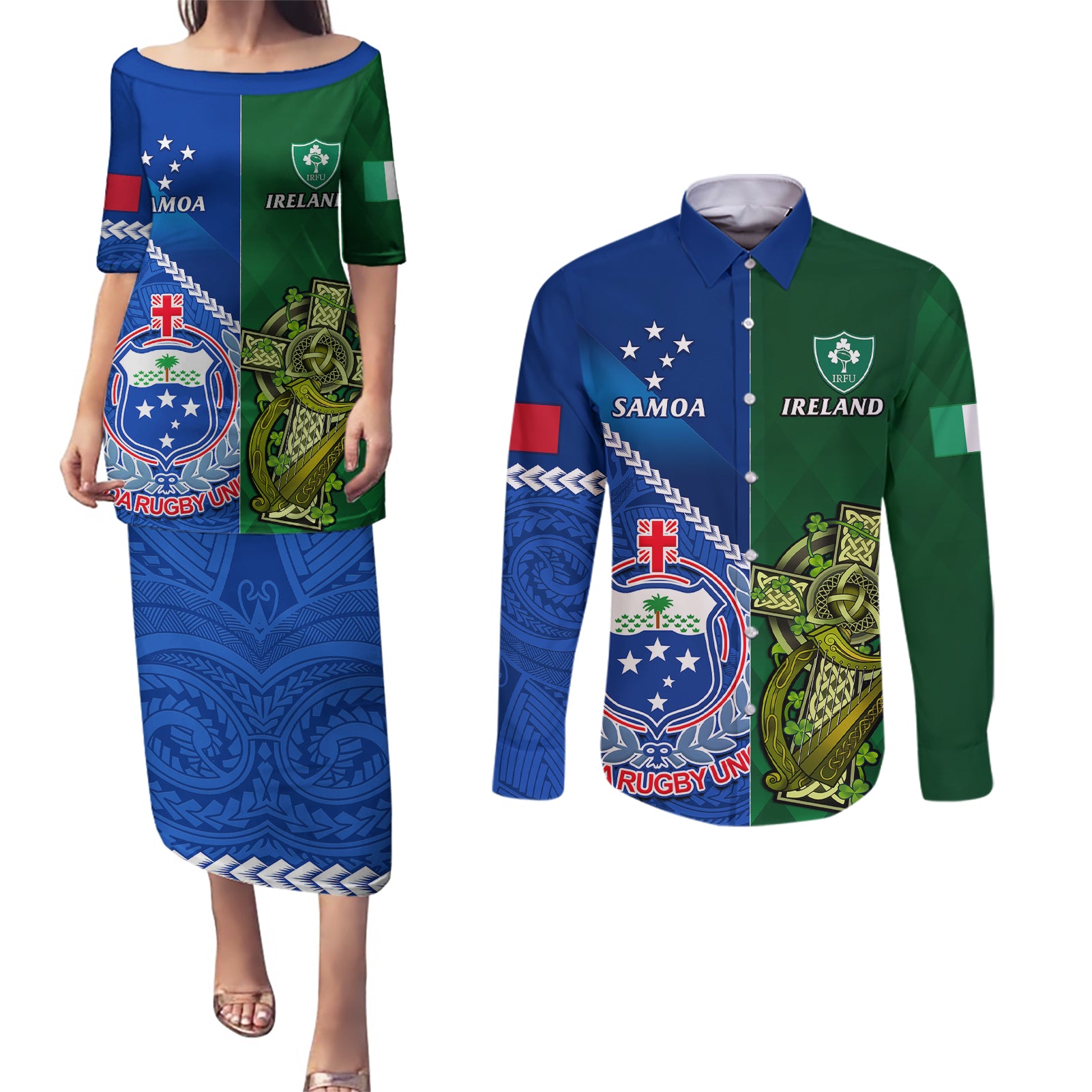 Samoa And Ireland Rugby Couples Matching Puletasi Dress and Long Sleeve Button Shirts 2023 World Cup Manu Samoa With Shamrocks - Wonder Print Shop