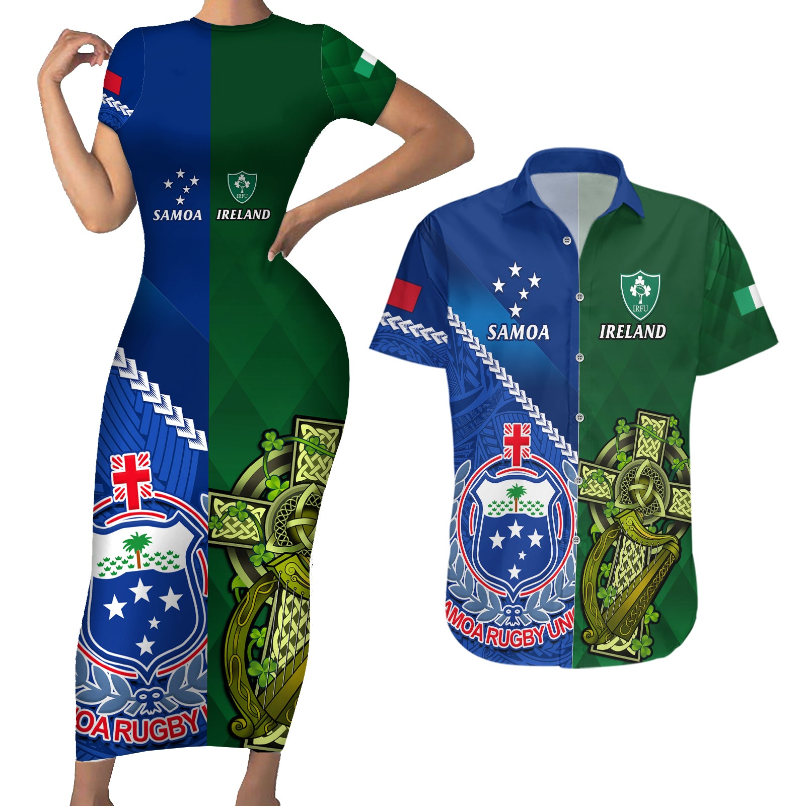 Samoa And Ireland Rugby Couples Matching Short Sleeve Bodycon Dress and Hawaiian Shirt 2023 World Cup Manu Samoa With Shamrocks - Wonder Print Shop