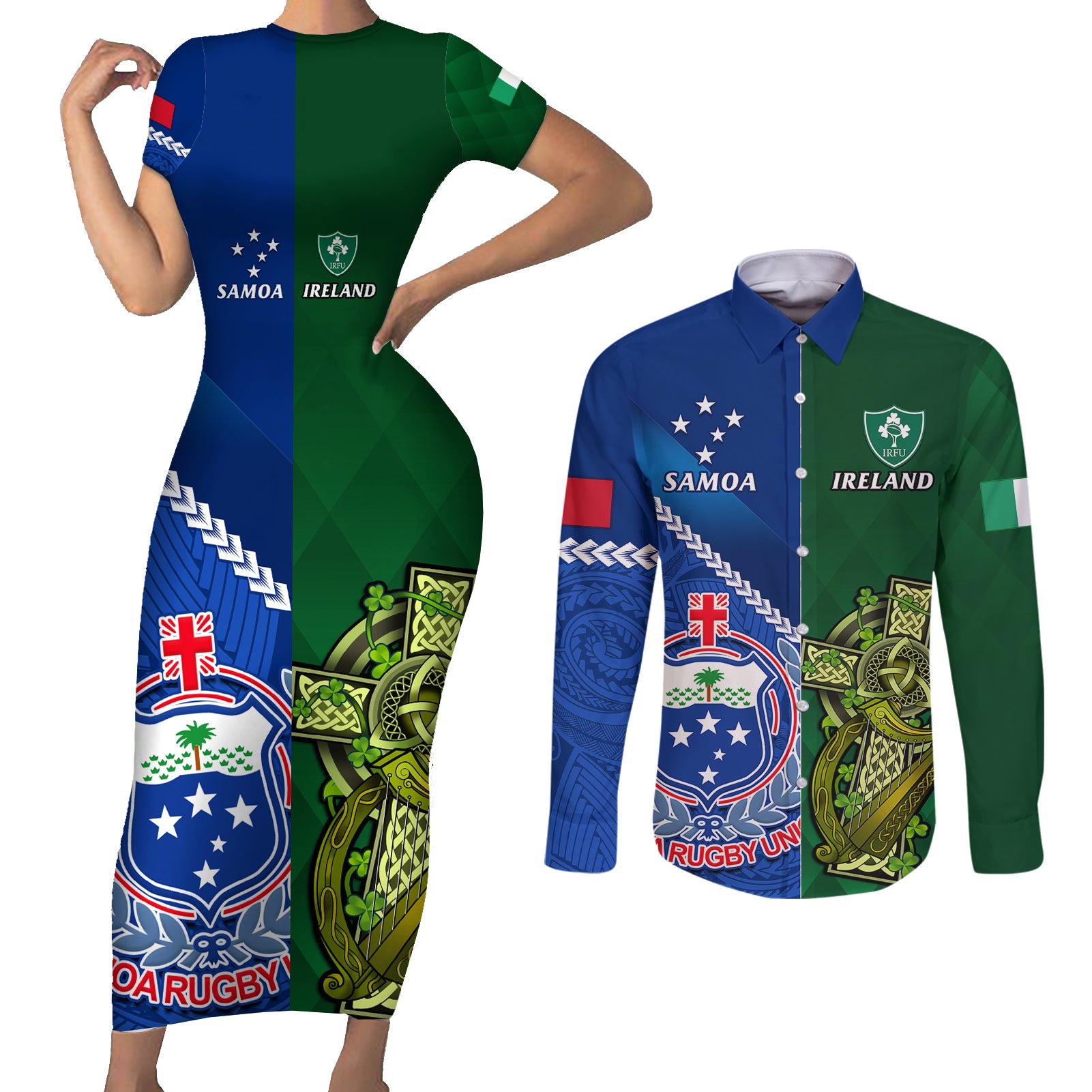 Samoa And Ireland Rugby Couples Matching Short Sleeve Bodycon Dress and Long Sleeve Button Shirts 2023 World Cup Manu Samoa With Shamrocks - Wonder Print Shop