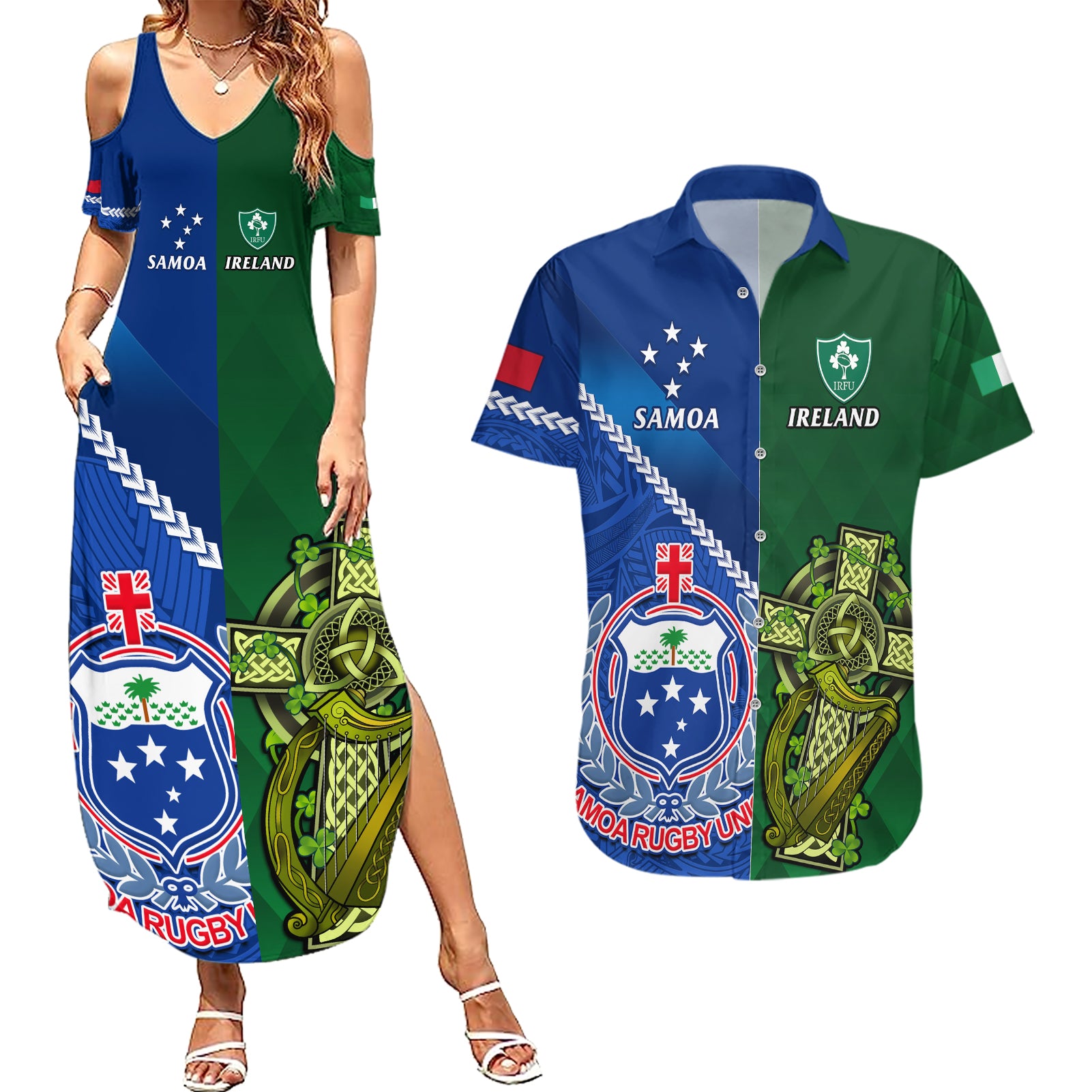 Samoa And Ireland Rugby Couples Matching Summer Maxi Dress and Hawaiian Shirt 2023 World Cup Manu Samoa With Shamrocks - Wonder Print Shop