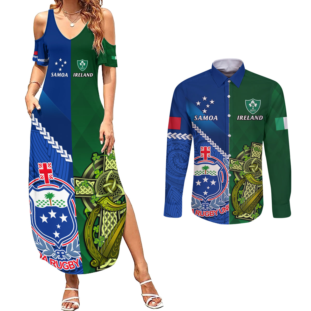 Samoa And Ireland Rugby Couples Matching Summer Maxi Dress and Long Sleeve Button Shirts 2023 World Cup Manu Samoa With Shamrocks - Wonder Print Shop