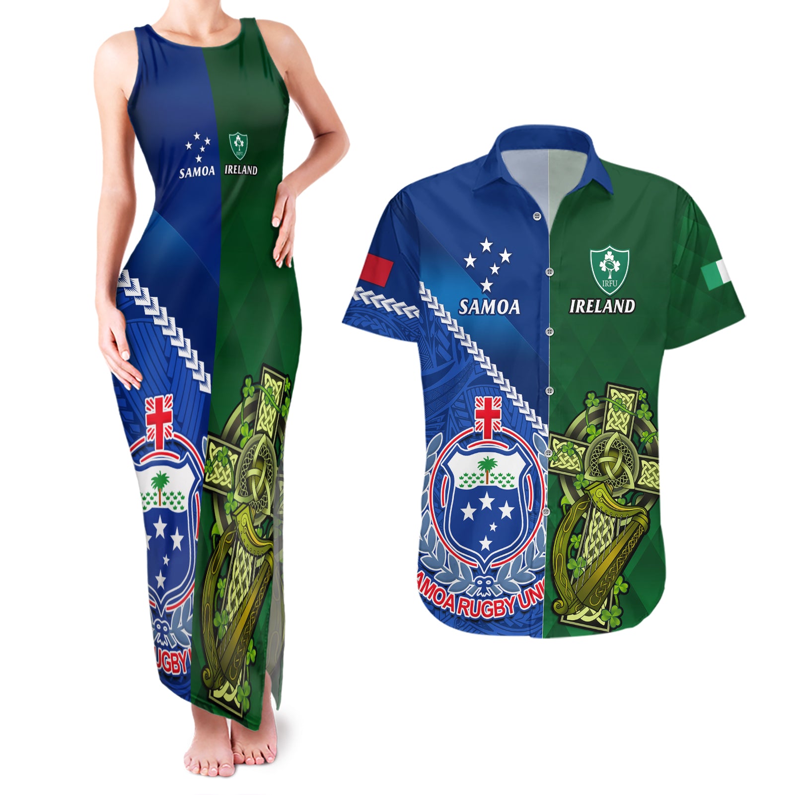 Samoa And Ireland Rugby Couples Matching Tank Maxi Dress and Hawaiian Shirt 2023 World Cup Manu Samoa With Shamrocks - Wonder Print Shop