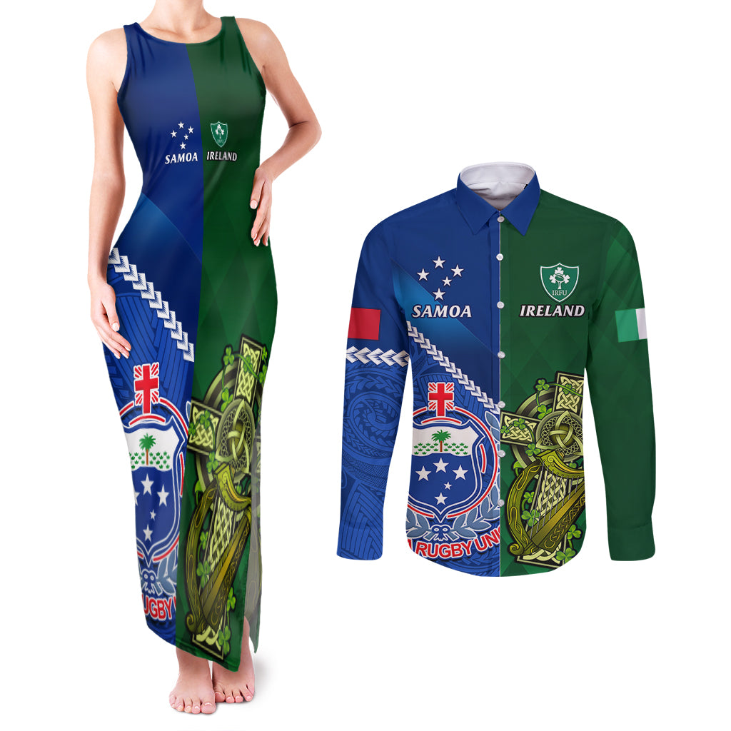 Samoa And Ireland Rugby Couples Matching Tank Maxi Dress and Long Sleeve Button Shirts 2023 World Cup Manu Samoa With Shamrocks - Wonder Print Shop