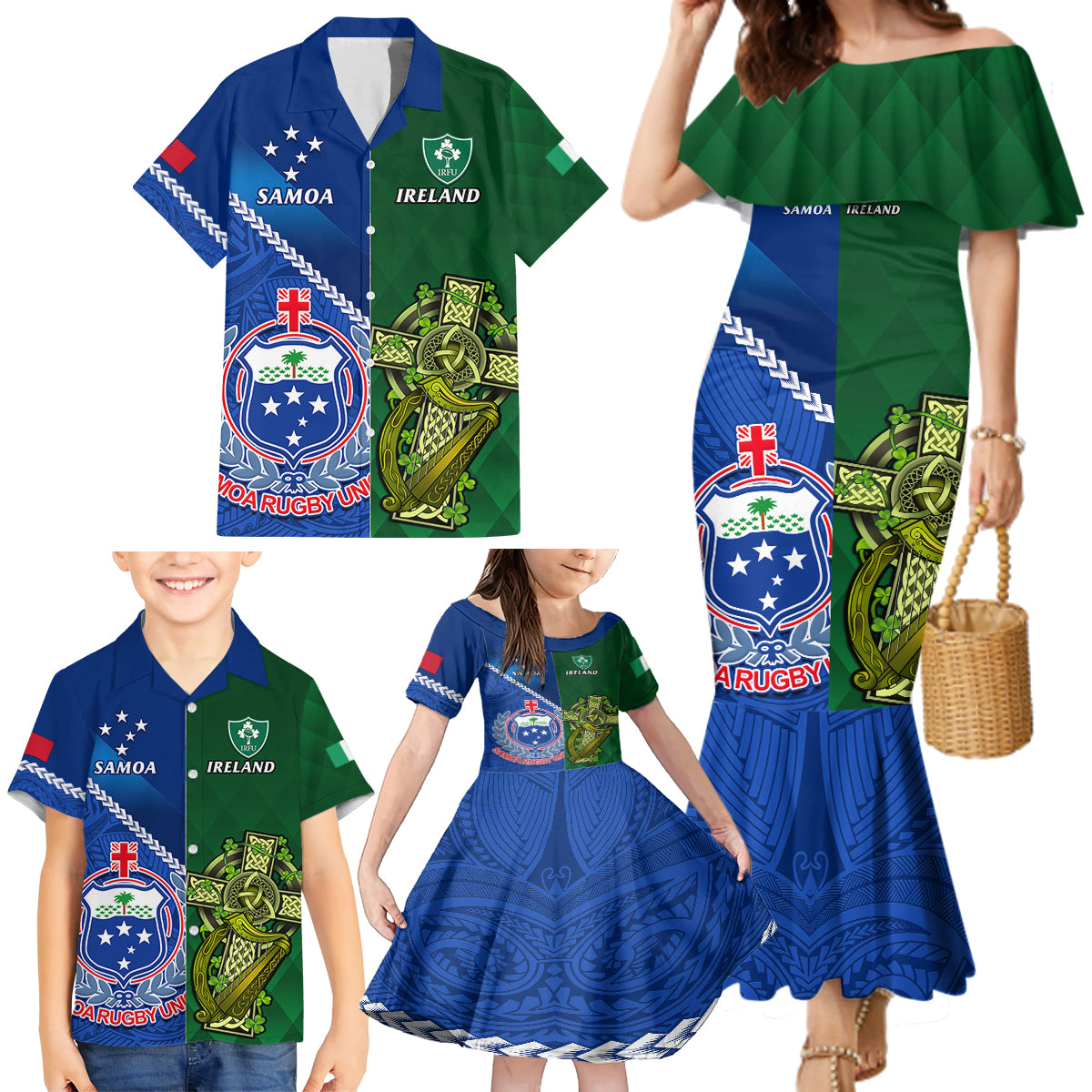 Samoa And Ireland Rugby Family Matching Mermaid Dress and Hawaiian Shirt 2023 World Cup Manu Samoa With Shamrocks - Wonder Print Shop