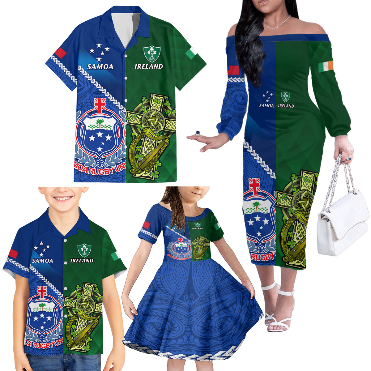 Samoa And Ireland Rugby Family Matching Off Shoulder Long Sleeve Dress and Hawaiian Shirt 2023 World Cup Manu Samoa With Shamrocks - Wonder Print Shop