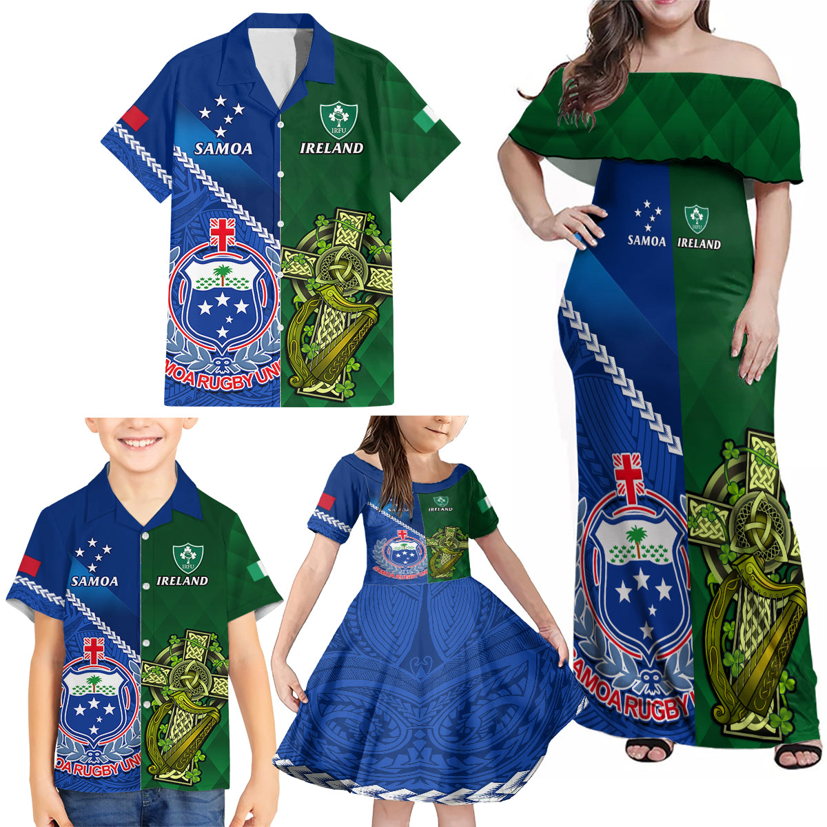 Samoa And Ireland Rugby Family Matching Off Shoulder Maxi Dress and Hawaiian Shirt 2023 World Cup Manu Samoa With Shamrocks - Wonder Print Shop