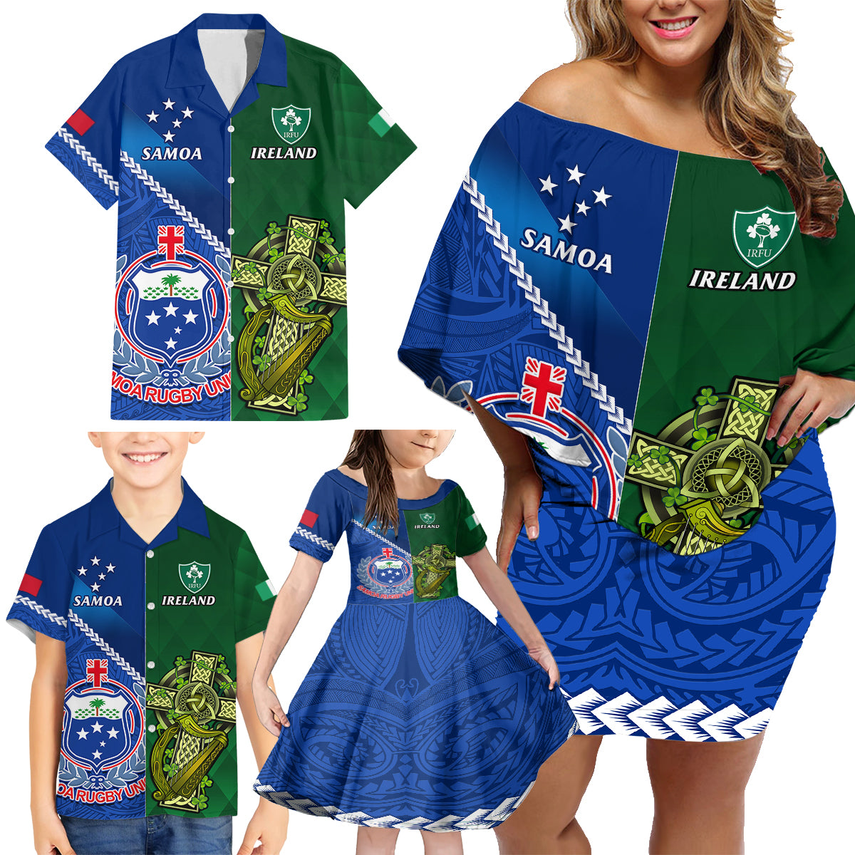 Samoa And Ireland Rugby Family Matching Off Shoulder Short Dress and Hawaiian Shirt 2023 World Cup Manu Samoa With Shamrocks - Wonder Print Shop