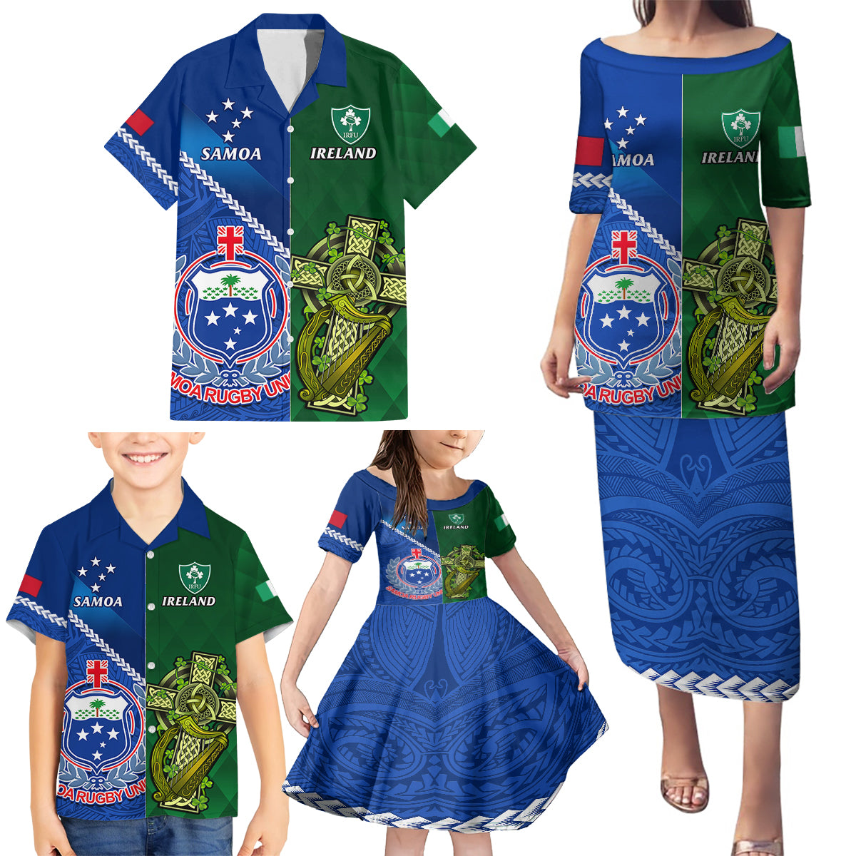 Samoa And Ireland Rugby Family Matching Puletasi Dress and Hawaiian Shirt 2023 World Cup Manu Samoa With Shamrocks - Wonder Print Shop