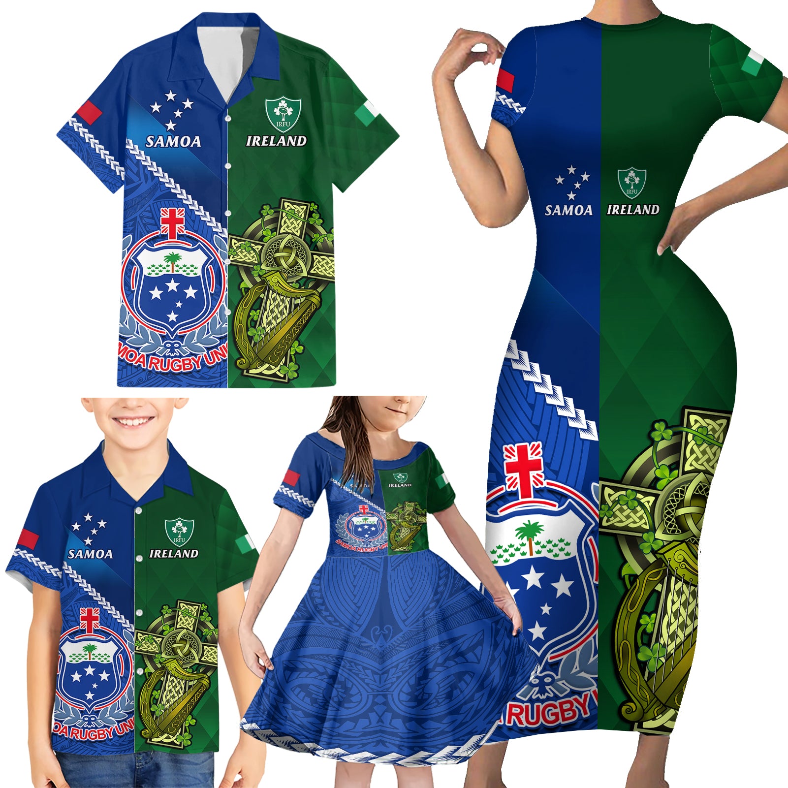 Samoa And Ireland Rugby Family Matching Short Sleeve Bodycon Dress and Hawaiian Shirt 2023 World Cup Manu Samoa With Shamrocks - Wonder Print Shop